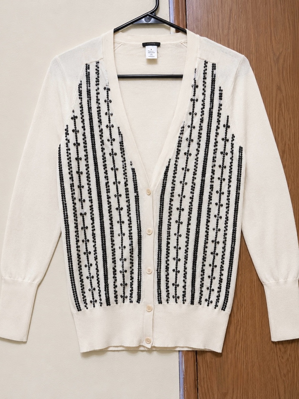 J. Crew S Cream Beaded Sequin Cardigan V-Neck Black Stripes Pima Cotton Wool